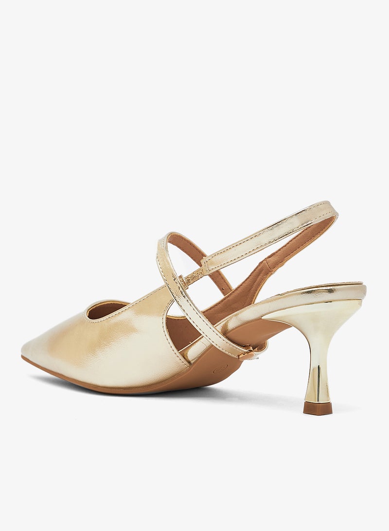 ايلا حذاء بكعب مدبب ذهبي معدني بحزام خلفي - Image 3